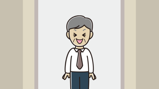 エレベーターで笑う年配男性会社員（ワイシャツ）のイラスト【色、背景あり】PNG