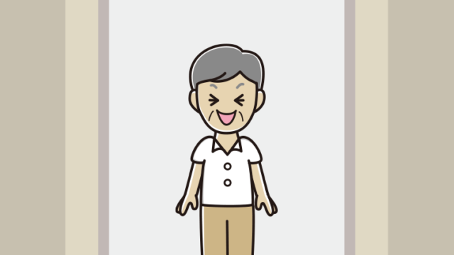 エレベーターで笑う年配男性会社員（クールビズ）のイラスト【色、背景あり】PNG
