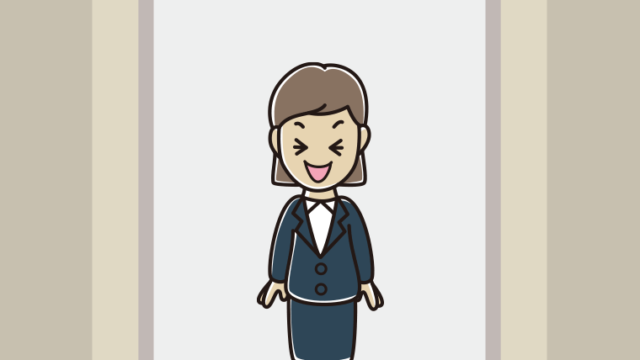 エレベーターで笑う女性会社員のイラスト【色、背景あり】PNG
