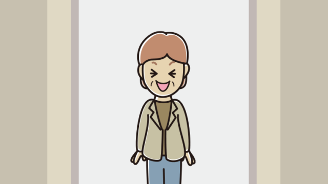 エレベーターで笑う年配女性会社員（カジュアル）のイラスト【色、背景あり】PNG