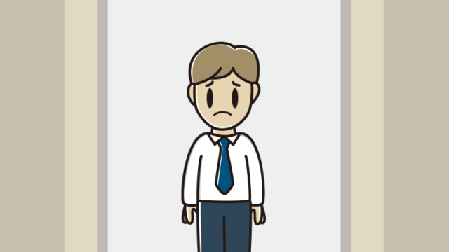 エレベーターで困る男性会社員（ワイシャツ）のイラスト【色、背景あり】PNG