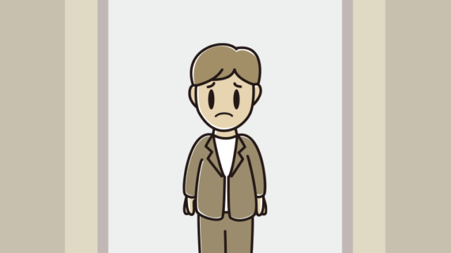 エレベーターで困る男性会社員（カジュアル）のイラスト【色、背景あり】PNG