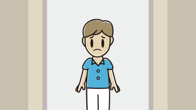 エレベーターで困る男性会社員（クールビズ）のイラスト【色、背景あり】PNG