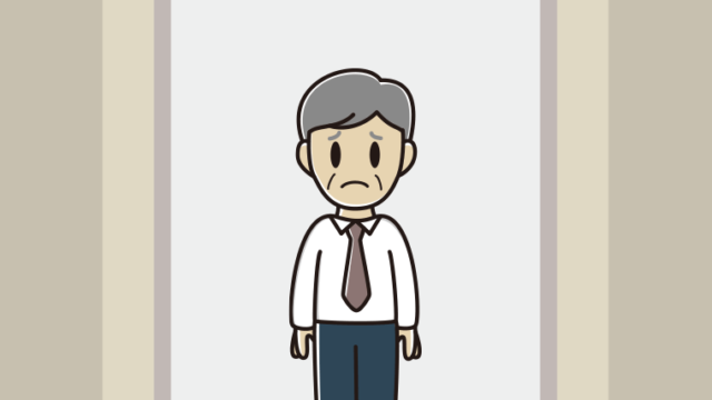 エレベーターで困る年配男性会社員（ワイシャツ）のイラスト【色、背景あり】PNG