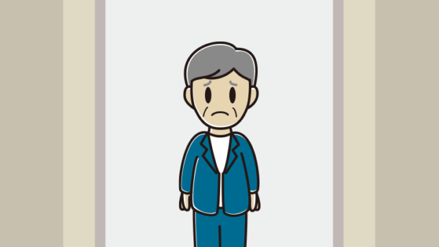 エレベーターで困る年配男性会社員（カジュアル）のイラスト【色、背景あり】PNG