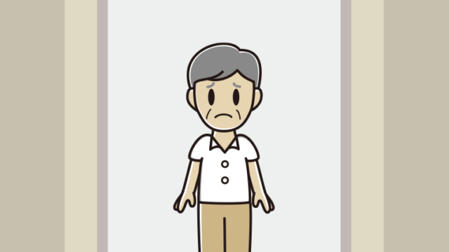 エレベーターで困る年配男性会社員（クールビズ）のイラスト【色、背景あり】PNG