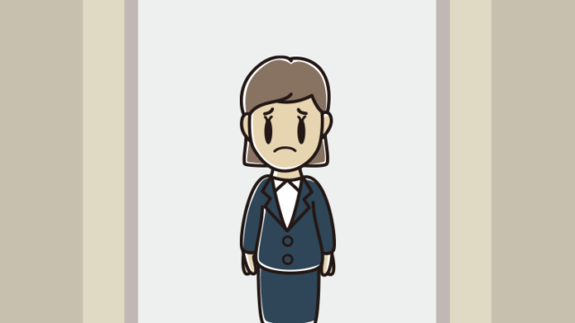エレベーターで困る女性会社員のイラスト【色、背景あり】PNG
