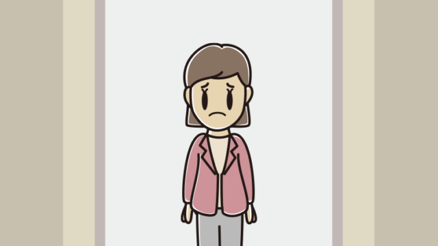 エレベーターで困る女性会社員（カジュアル）のイラスト【色、背景あり】PNG