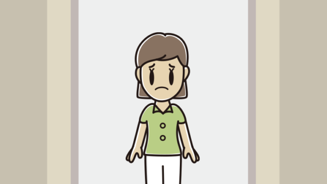 エレベーターで困る女性会社員（クールビズ）のイラスト【色、背景あり】PNG