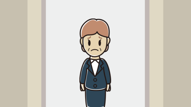 エレベーターで困る年配女性会社員のイラスト【色、背景あり】PNG