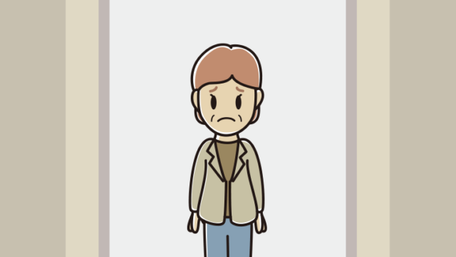 エレベーターで困る年配女性会社員（カジュアル）のイラスト【色、背景あり】PNG