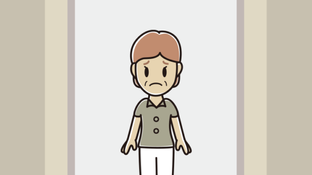 エレベーターで困る年配女性会社員（クールビズ）のイラスト【色、背景あり】PNG