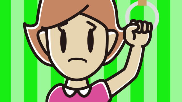 つり革につかまり困る女性のイラスト【色、背景あり】PNG