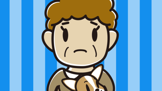 犬を抱いて困るおばさんのイラスト【色、背景あり】PNG