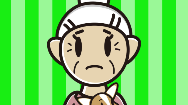 犬を抱いて困るおばあさんのイラスト【色、背景あり】PNG