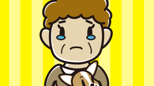 犬を抱いて泣くおばさんのイラスト【色、背景あり】PNG