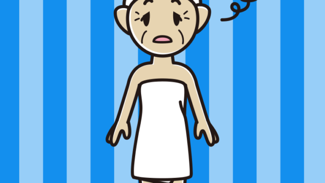 ぼーっとするバスタオル姿のおばあさんのイラスト【色、背景あり】PNG