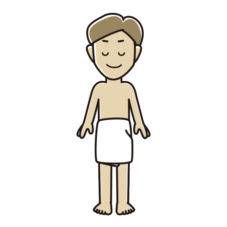 目を閉じるバスタオル姿の男性のイラスト【色あり、背景なし】透過PNG