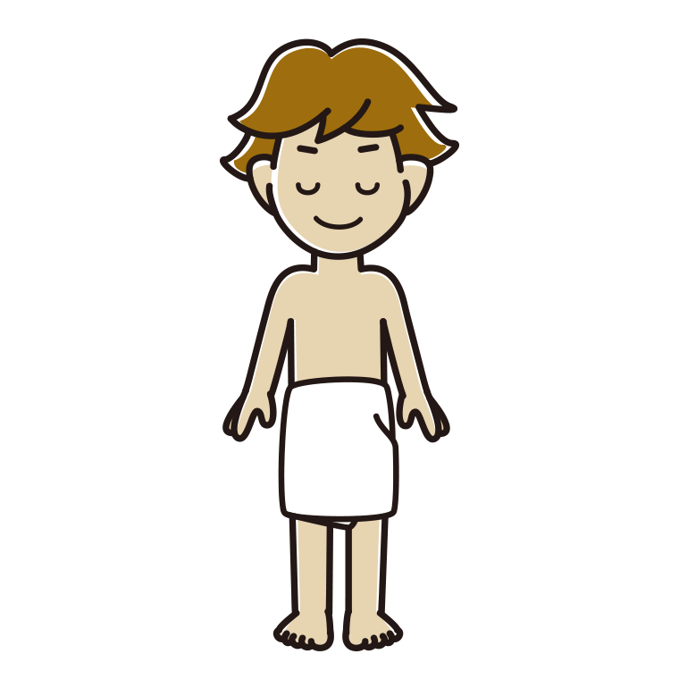 目を閉じるバスタオル姿の男子高校生のイラスト【色あり、背景なし】透過PNG