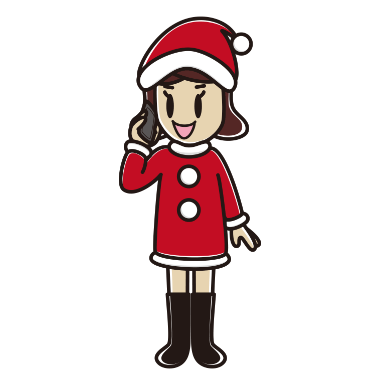 スマホで電話するサンタ姿の女子高校生のイラスト【色あり、背景なし】透過PNG