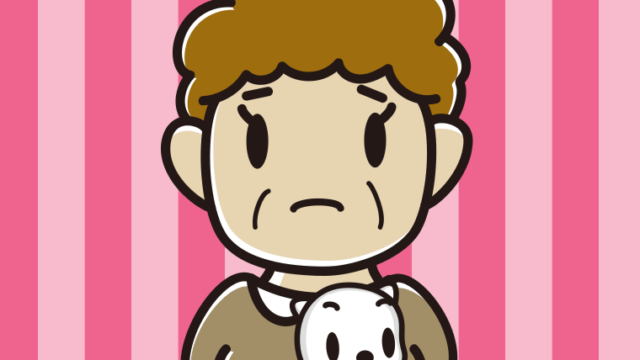 猫を抱いて困るおばさんのイラスト【色、背景あり】PNG