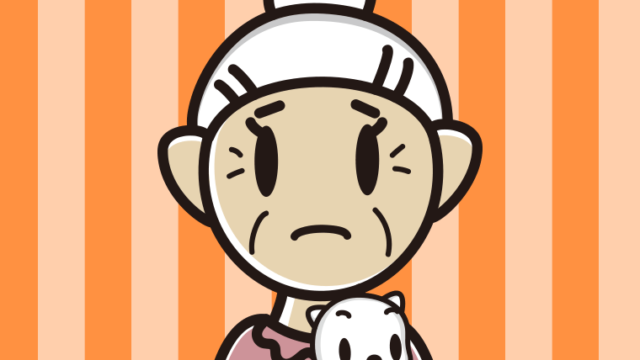 猫を抱いて困るおばあさんのイラスト【色、背景あり】PNG