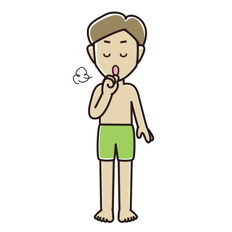 咳払いする水着の男性のイラスト【色あり、背景なし】透過PNG