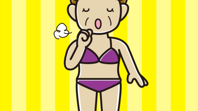 咳払いする水着のおばさんのイラスト【色、背景あり】PNG