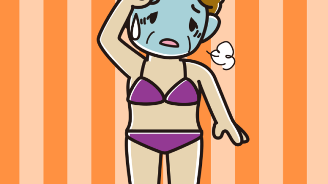 具合が悪い水着のおばさんのイラスト【色、背景あり】PNG