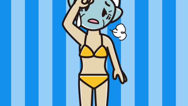 具合が悪い水着のおばあさんのイラスト【色、背景あり】PNG