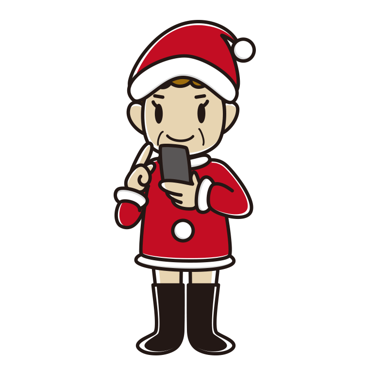 スマホを使うサンタ姿のおばさんのイラスト【色あり、背景なし】透過PNG