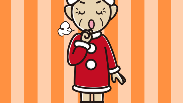 咳払いするサンタ姿のおばあさんのイラスト【色、背景あり】PNG
