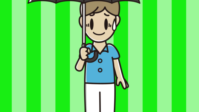 傘をさして苦笑いする男性会社員（クールビズ）のイラスト【色、背景あり】PNG