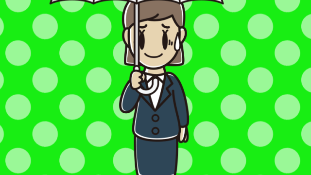 傘をさして苦笑いする女性会社員のイラスト【色、背景あり】PNG