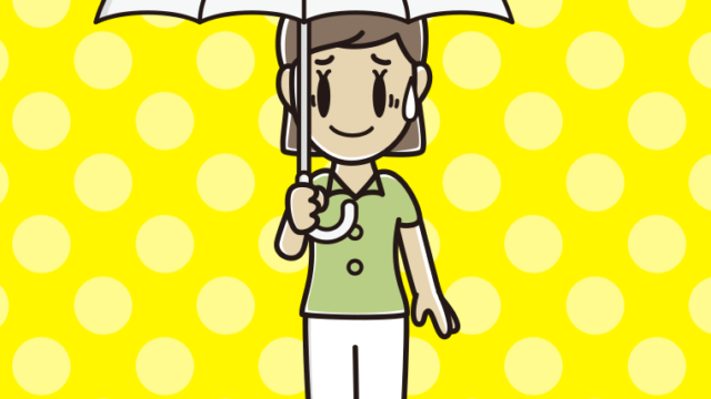 傘をさして苦笑いする女性会社員（クールビズ）のイラスト【色、背景あり】PNG