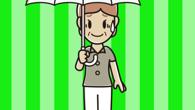 傘をさして苦笑いする年配女性会社員（クールビズ）のイラスト【色、背景あり】PNG