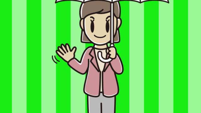 傘をさして手を振る女性会社員（カジュアル）のイラスト【色、背景あり】PNG