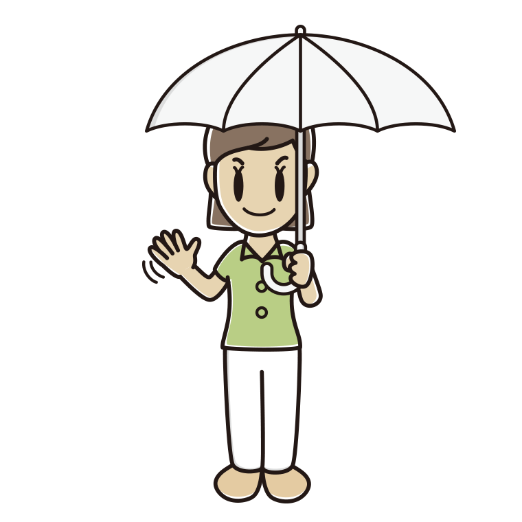 傘をさして手を振る女性会社員（クールビズ）のイラスト【色あり、背景なし】透過PNG