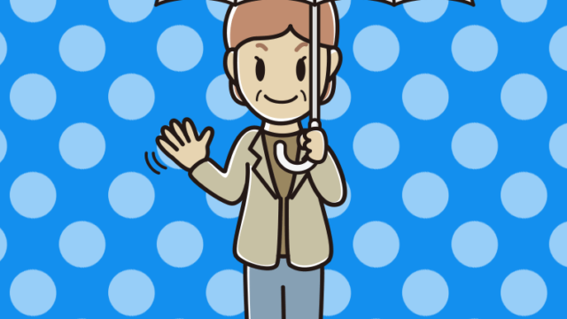 傘をさして手を振る年配女性会社員（カジュアル）のイラスト【色、背景あり】PNG