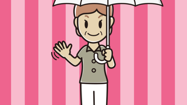 傘をさして手を振る年配女性会社員（クールビズ）のイラスト【色、背景あり】PNG