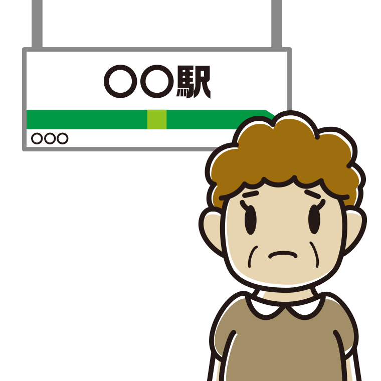 駅のホームで困るおばさんのイラスト【色あり、背景なし】透過PNG