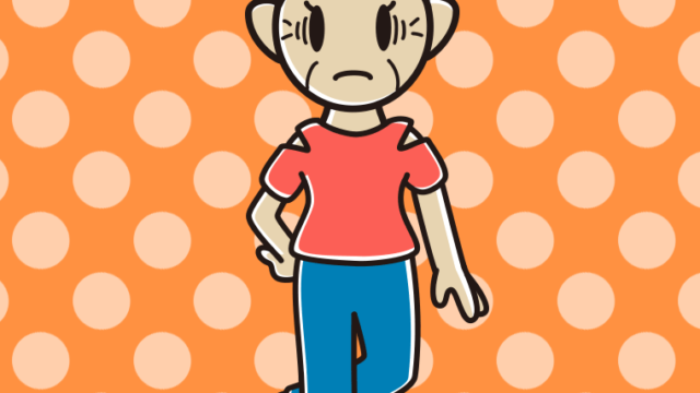 肩見せコーデで困るおばあさんのイラスト【色、背景あり】PNG