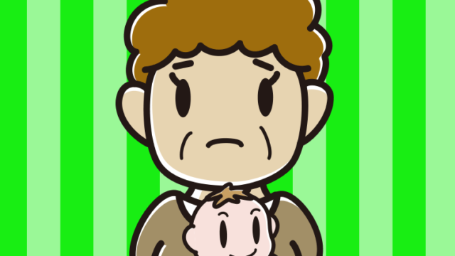 赤ちゃんを抱いて困るおばさんのイラスト【色、背景あり】PNG