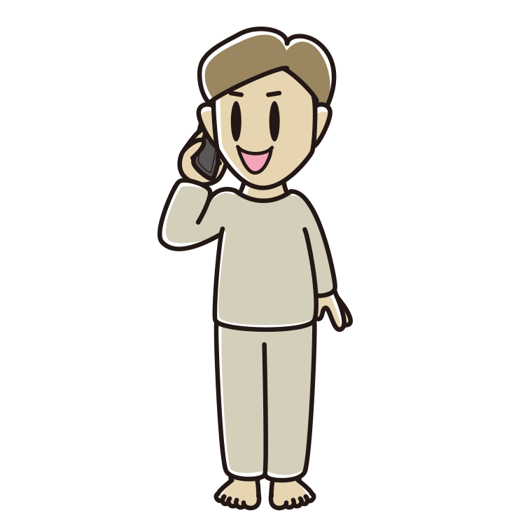 スマホで電話する部屋着の男性のイラスト【色あり、背景なし】透過PNG