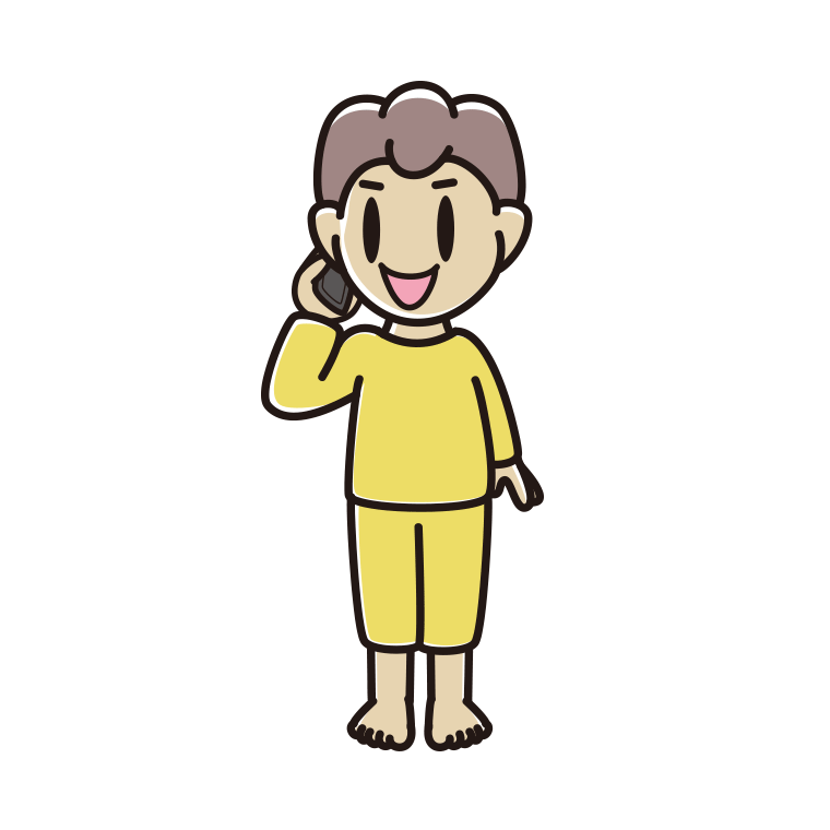 スマホで電話する部屋着の男子中学生のイラスト【色あり、背景なし】透過PNG