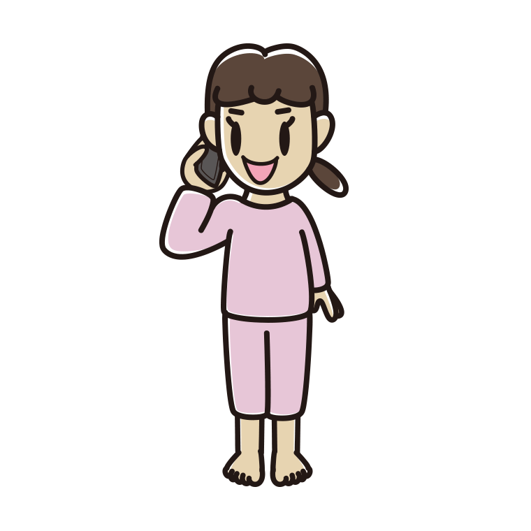 スマホで電話する部屋着の女子中学生のイラスト【色あり、背景なし】透過PNG