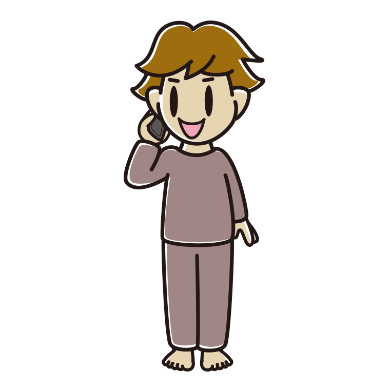 スマホで電話する部屋着の男子高校生のイラスト【色あり、背景なし】透過PNG