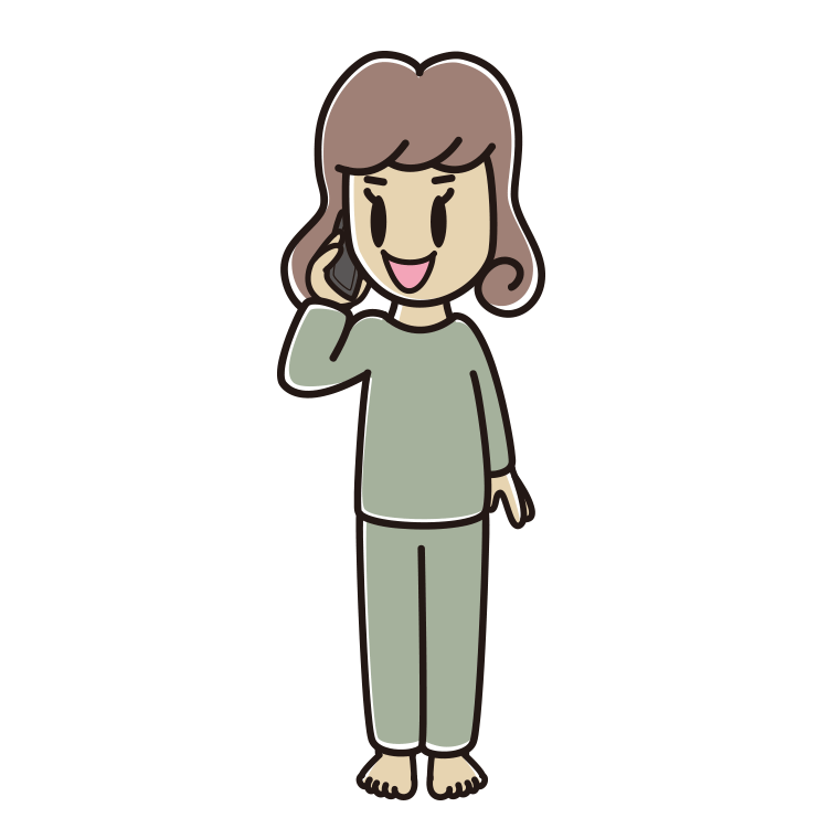 スマホで電話する部屋着の女子大学生のイラスト【色あり、背景なし】透過PNG