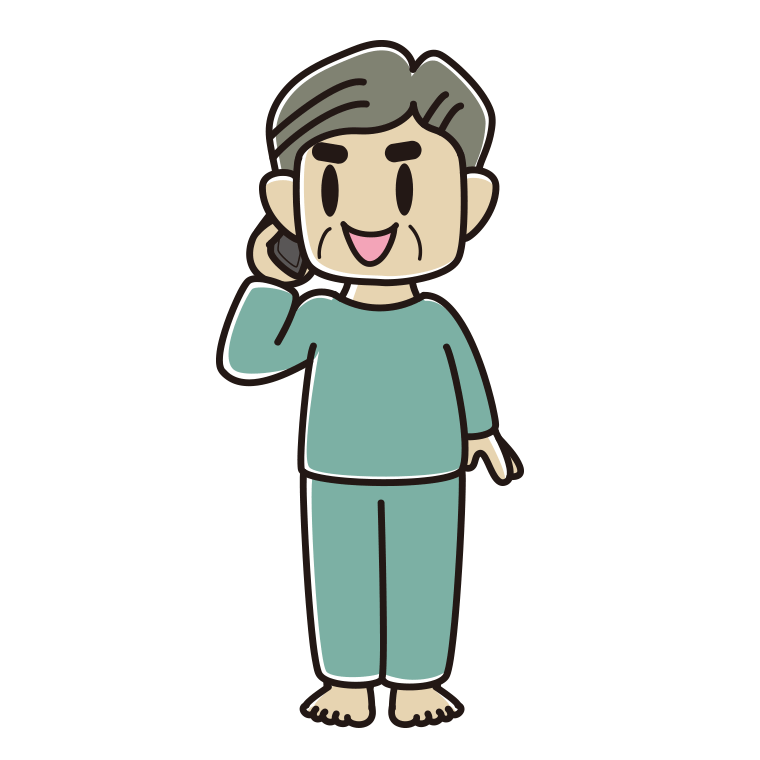 スマホで電話する部屋着のおじさんのイラスト【色あり、背景なし】透過PNG