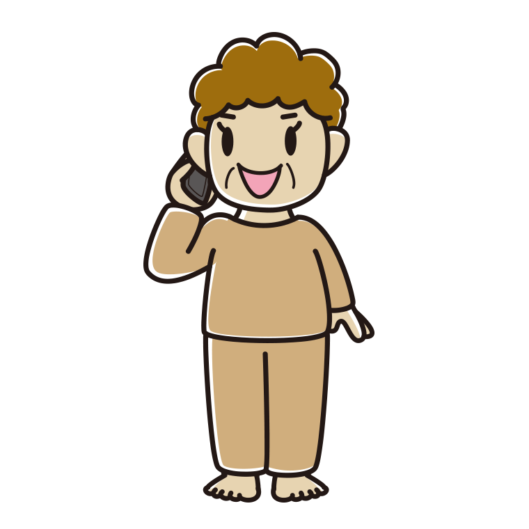 スマホで電話する部屋着のおばさんのイラスト【色あり、背景なし】透過PNG